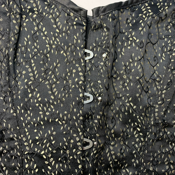 iCollection Boudior Lace Corset Thong Set Sz 36 Black Gold Brocade Pin Up Glam - Picture 6 of 16
